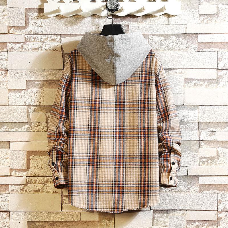 Men's Spring/Autumn Casual Hooded Shirt With Plaid Pattern
