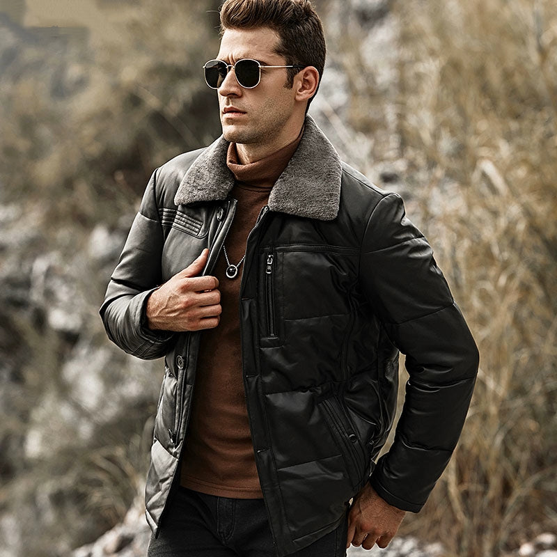 Men's Winter Genuine Leather Jacket With Removable Fur Collar