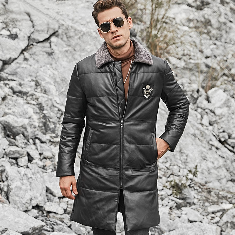 Men's Winter Genuine Leather Coat With Removable Fur Collar