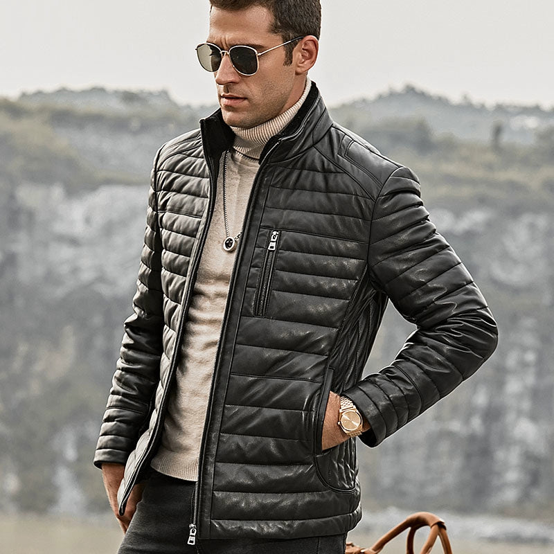 Men's Winter Genuine Leather Down Jacket With Removable Fur Collar