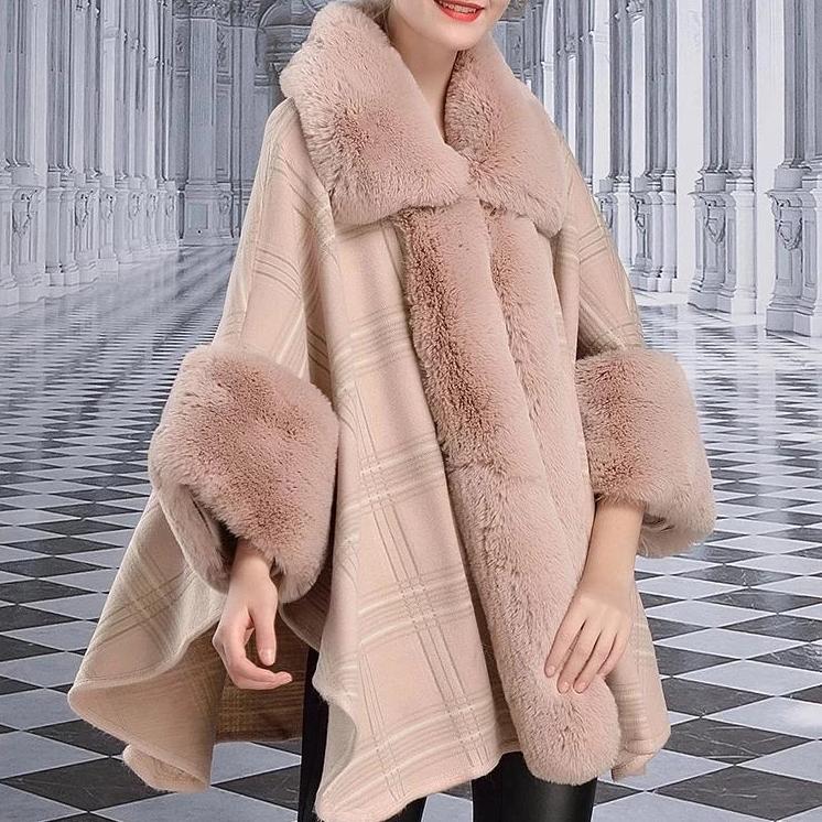 Women's Winter Warm Loose Poncho With Faux Rabbit Fur