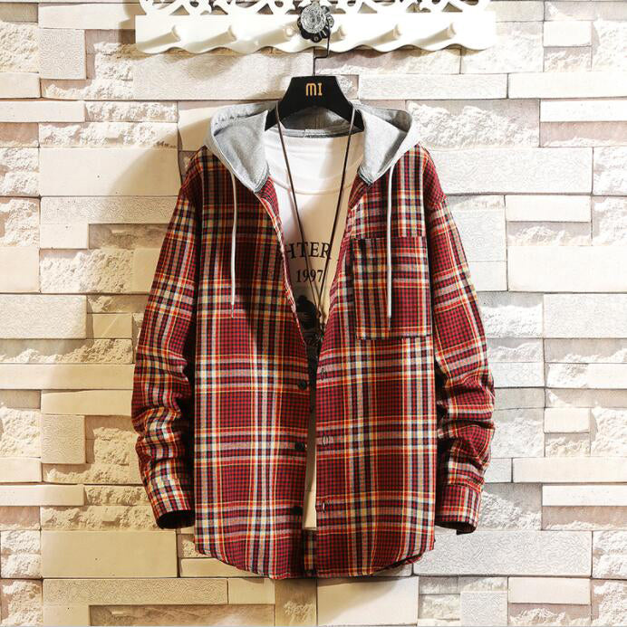 Men's Spring/Autumn Casual Hooded Shirt With Plaid Pattern