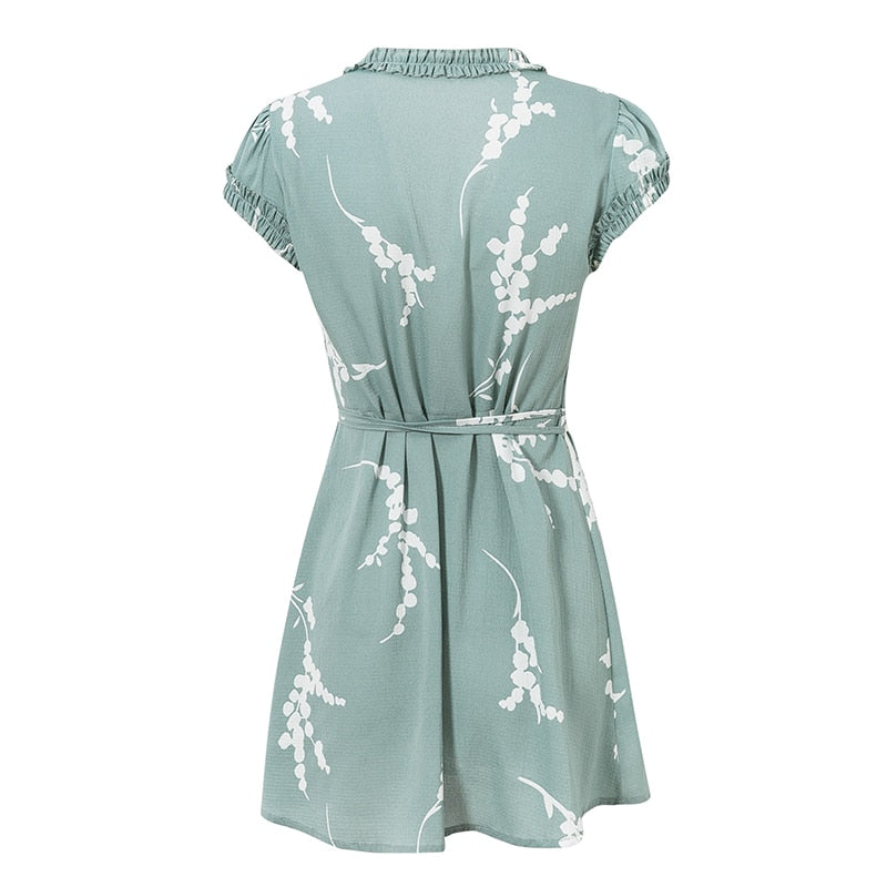 Women's Summer Casual V-Neck A-Line Ruffled Short Dress