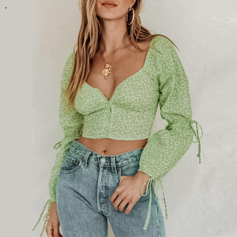 Women's Summer Casual Polyester V-Neck Crop Top With Print