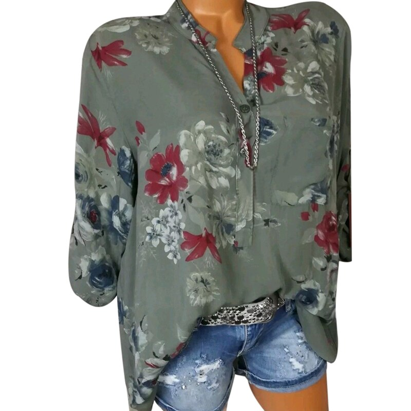 Women's Spring Casual Chiffon V-Neck Floral Blouse