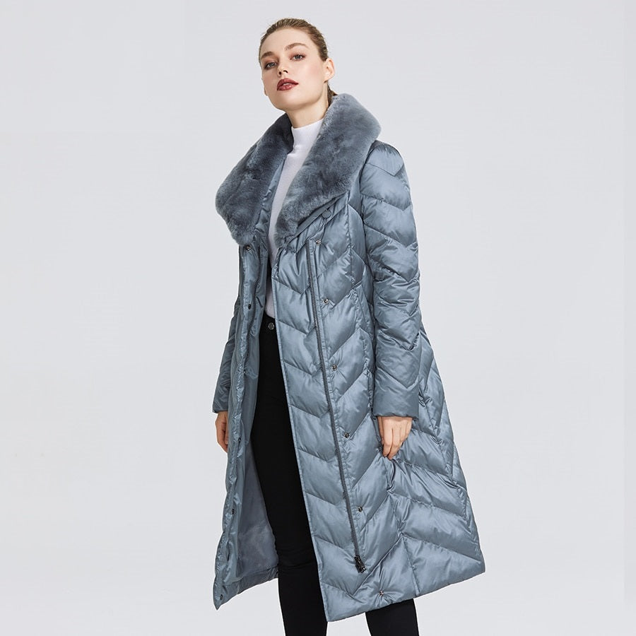 Women's Winter Windproof Thick Belted Parka With Rabbit Fur