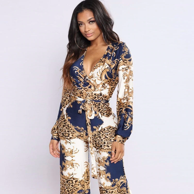 Women's Casual Skinny Long-Sleeved Jumpsuit With Print