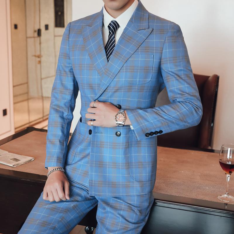 Men's Plaid Suit | Double Breasted Blazer & Vest & Pants