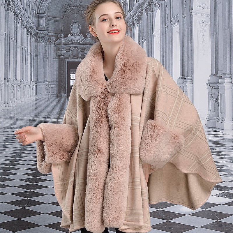 Women's Winter Warm Loose Poncho With Faux Rabbit Fur