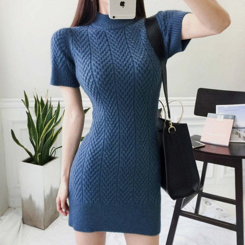 Women's Spring Casual Sheath Short-Sleeved Sweater Mini Dress