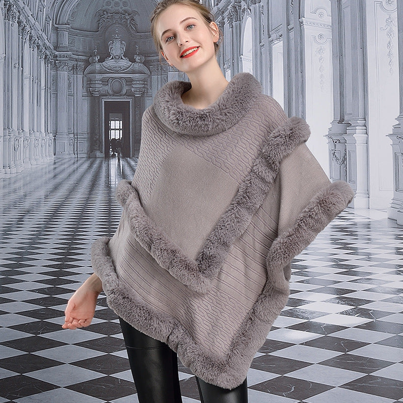 Women's Winter Casual Thick Loose Poncho With Faux Rabbit Fur