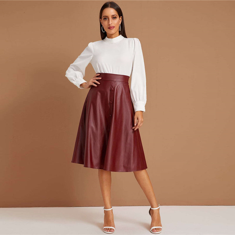 Women's Faux Leather High-Waist A-Line Skirt