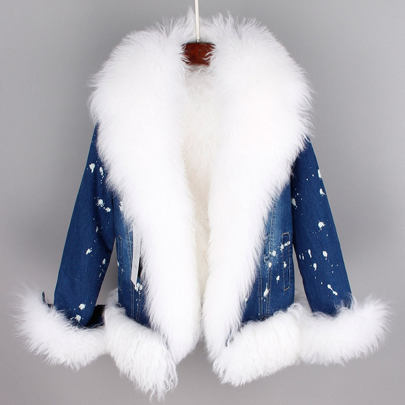 Women's Winter Casual Thick Denim Hooded Parka With Sheep Fur