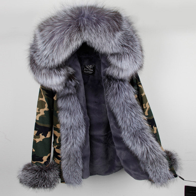 Women's Winter Casual Short Polyester Hooded Parka With Fox Fur