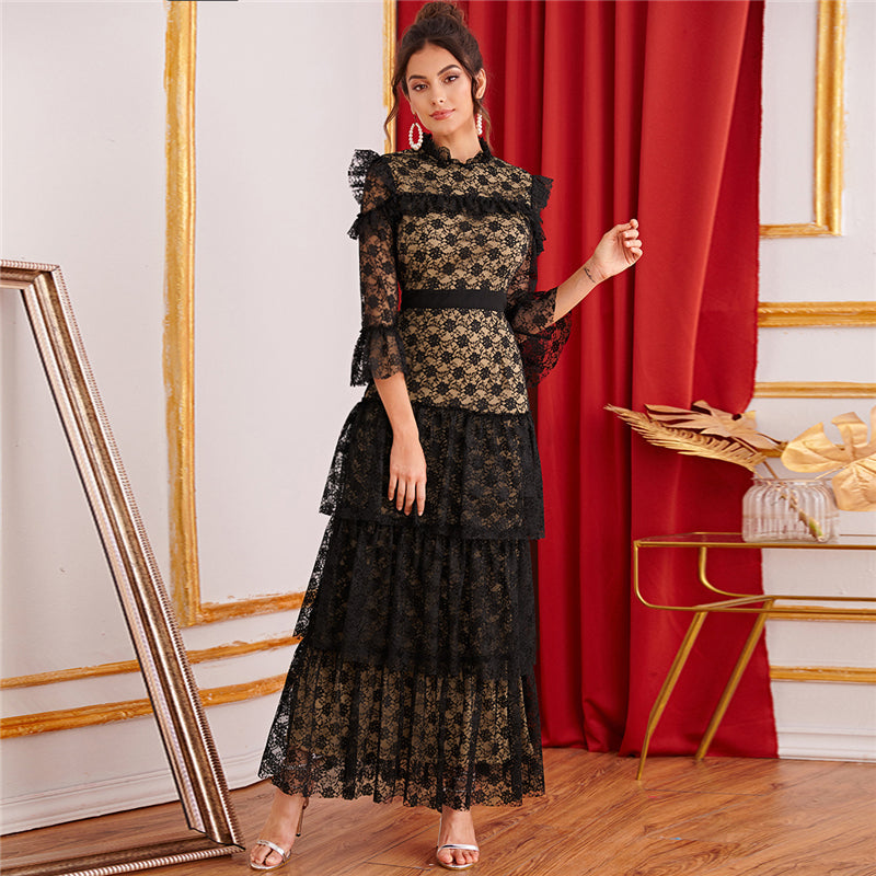 Women's Summer Polyester A-Line Long Dress With Lace