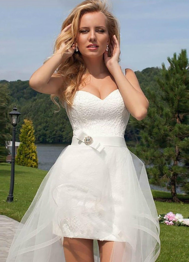 Women's Lace Short Wedding Dress White Detachable Train