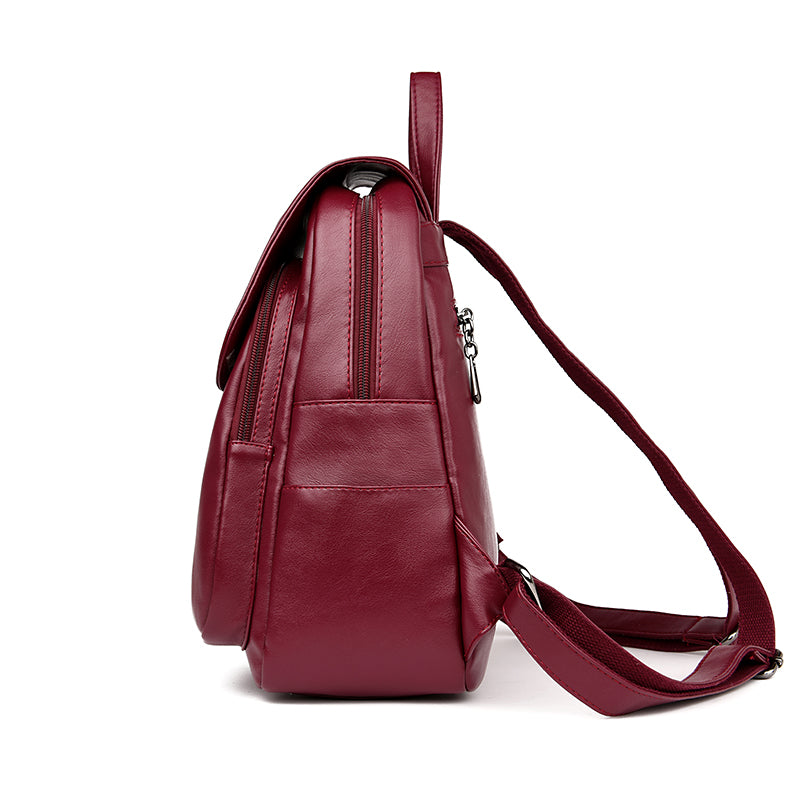 Women's Casual Leather Backpack With Double Zipper