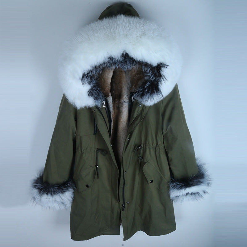 Women's Winter Casual Hooded Long Parka With Detachable Rabbit Fur