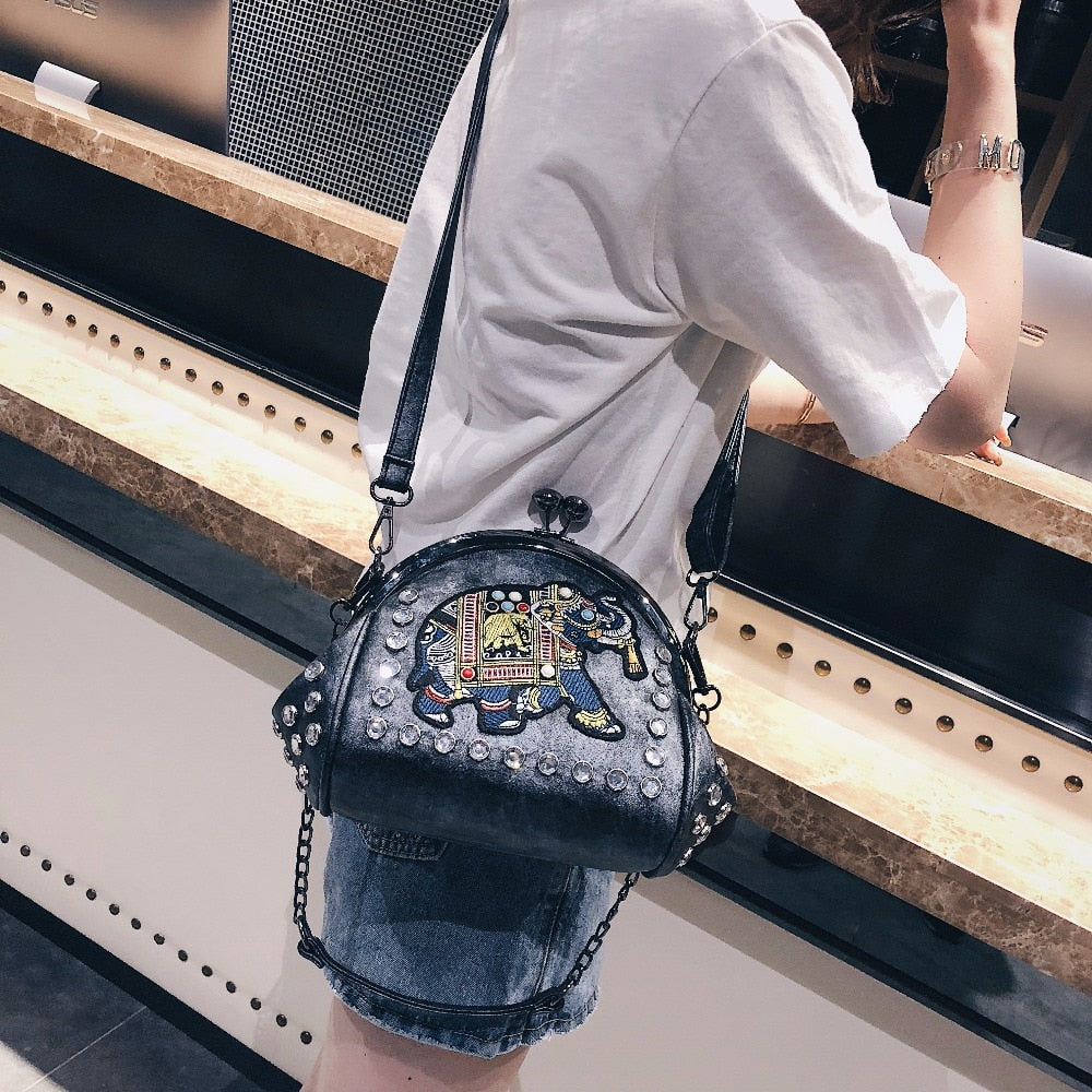 Women's Shoulder Bag With Elephant Embroidery