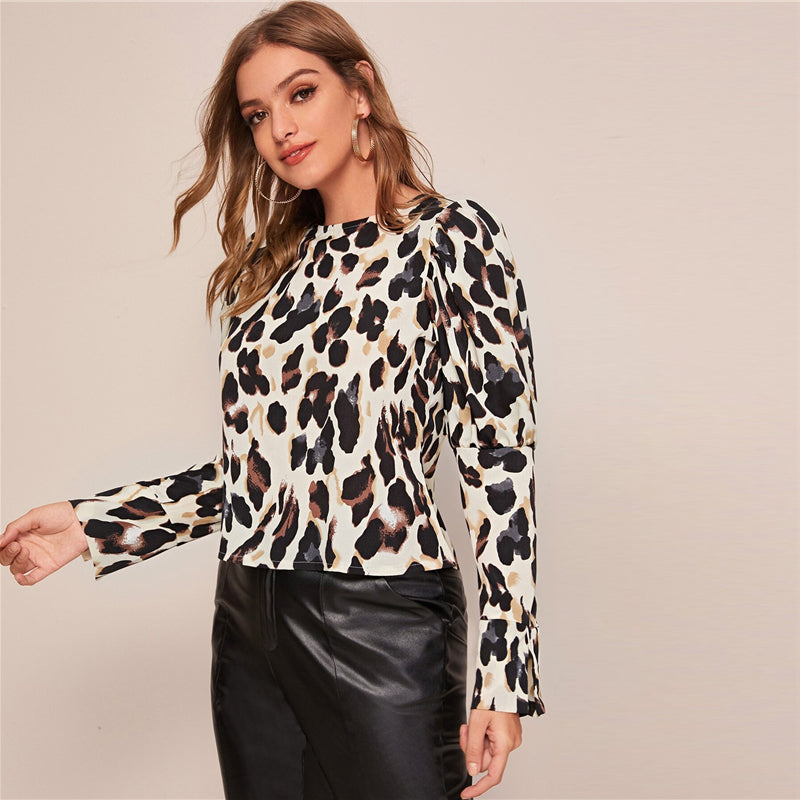 Women's Summer Polyester O-Neck Long-Sleeved Blouse With Print