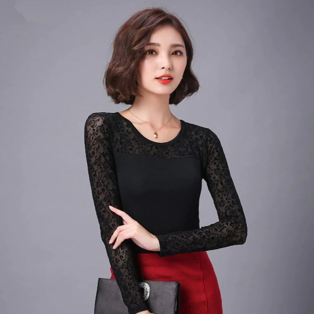 Women's Summer Casual Lace O-Neck Long-Sleeved Blouse