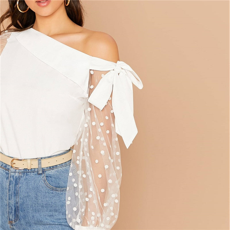 Women's Summer Mesh-Sleeved Cotton Asymmetrical Blouse