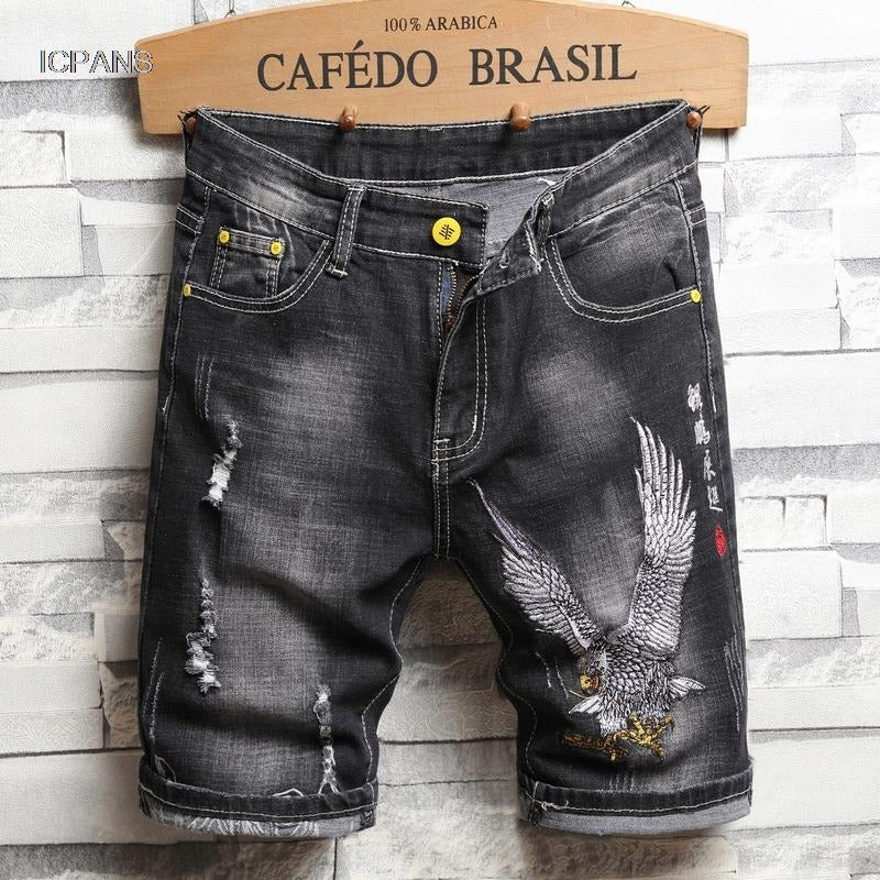 Men's Summer Slim Stretch Jeans Short With Embroidery