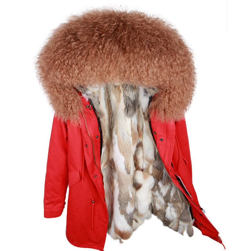 Women's Winter Casual Long Hooded Thick Parka With Sheep Fur
