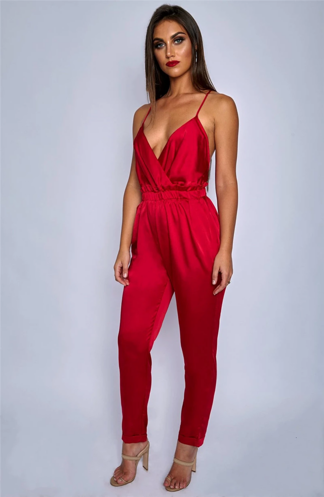 Women's Casual Polyester Deep V-Neck Long Jumpsuit