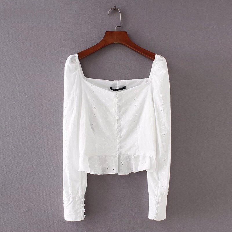Women's Summer Long Sleeve Blouse With Square Neck