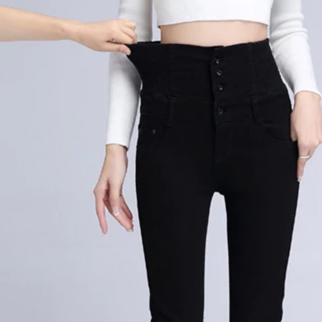 Women's Winter Casual High-Waist Warm Jeans With Pockets