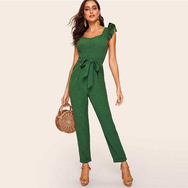 Women's Spring Ruffle Mid Waist Belted Jumpsuit