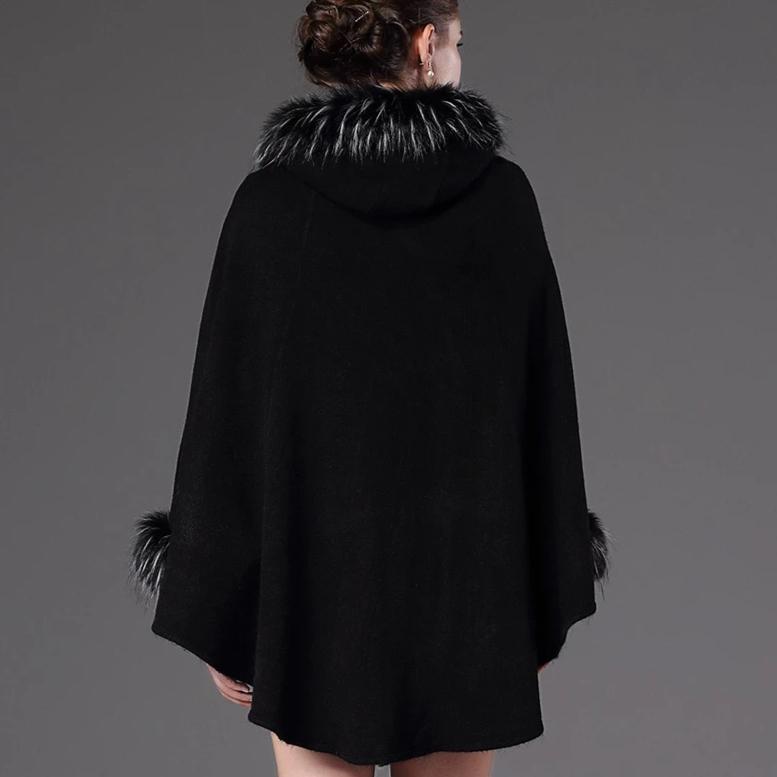 Women's Winter Casual V-Neck Poncho With Faux Fox Fur