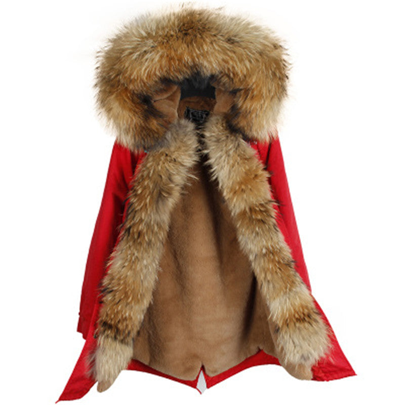 Women's Winter Casual Polyester Slim Parka With Raccoon Fur