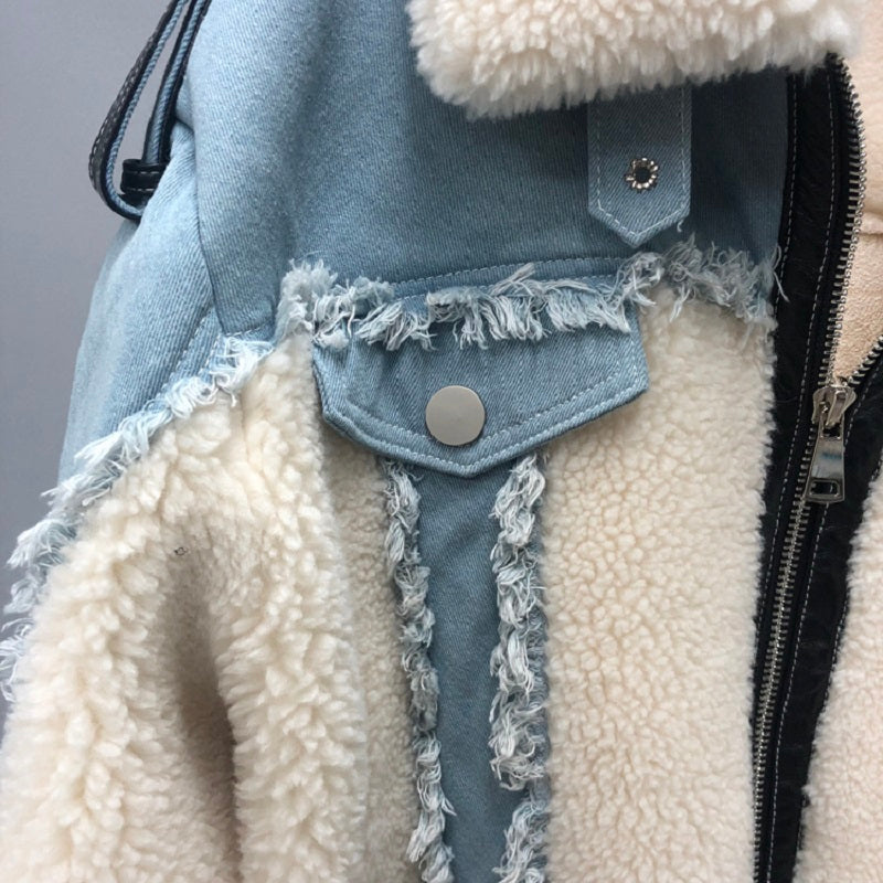Women's Winter Casual Loose Short Denim Coat With Wool