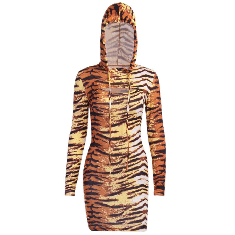 Women's Autumn Bodycon Hooded Elastic Long Sleeve Mini Dress