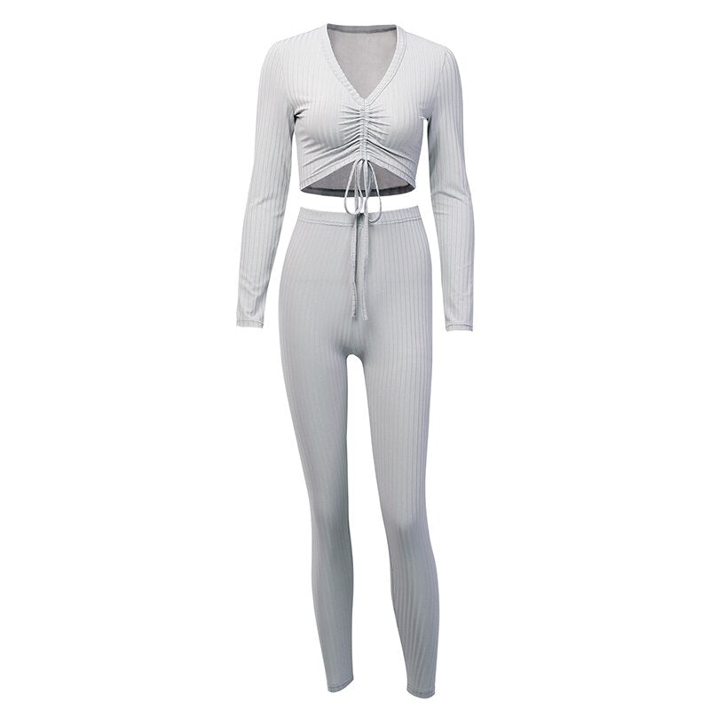 Women's Autumn Casual V-Neck Solid Elastic Two-Piece Suit