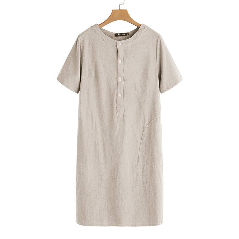 Women's Summer Casual Cotton O-Neck Loose Midi Dress