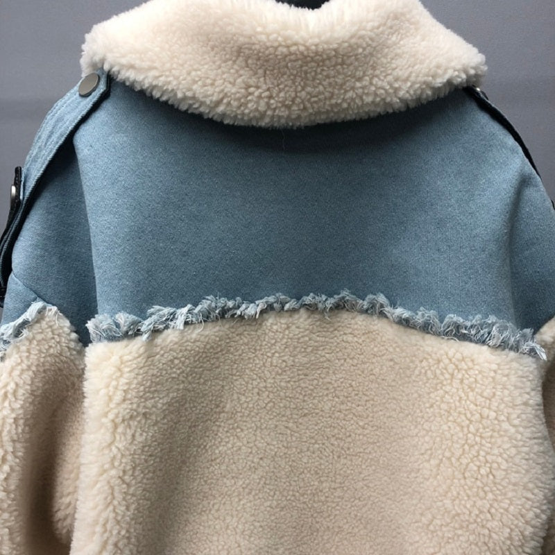 Women's Winter Casual Loose Short Denim Coat With Wool