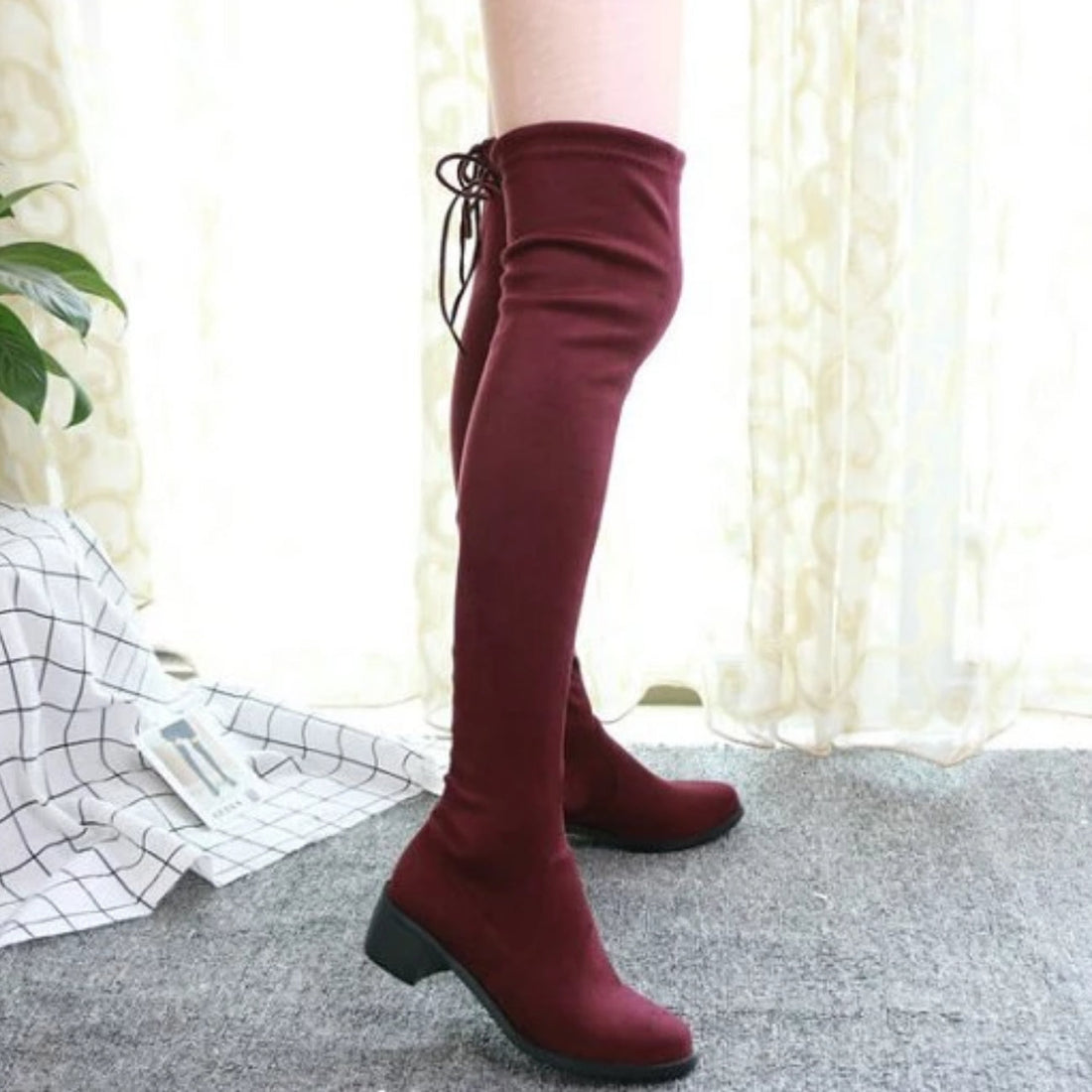 Women's Winter Fabric Lace-Up High Boots With Square Heels