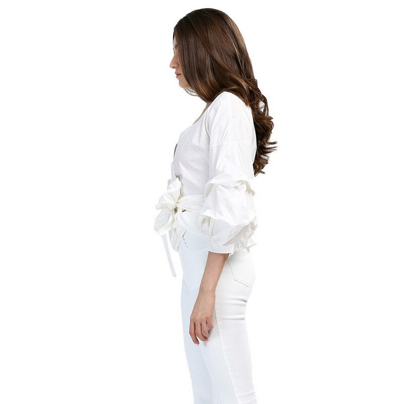 Women's Summer Cotton Long-Sleeved V-Neck Blouse With Belt