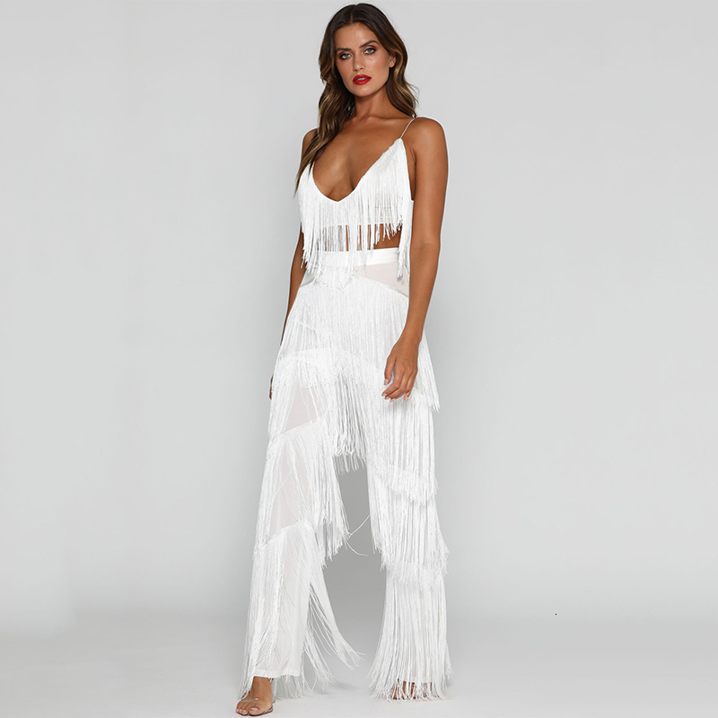 Women's Summer V-Neck Backless Two-Piece Jumpsuit With Tassels