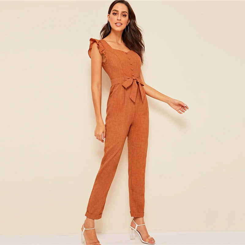 Women's Spring Ruffle Mid Waist Belted Jumpsuit