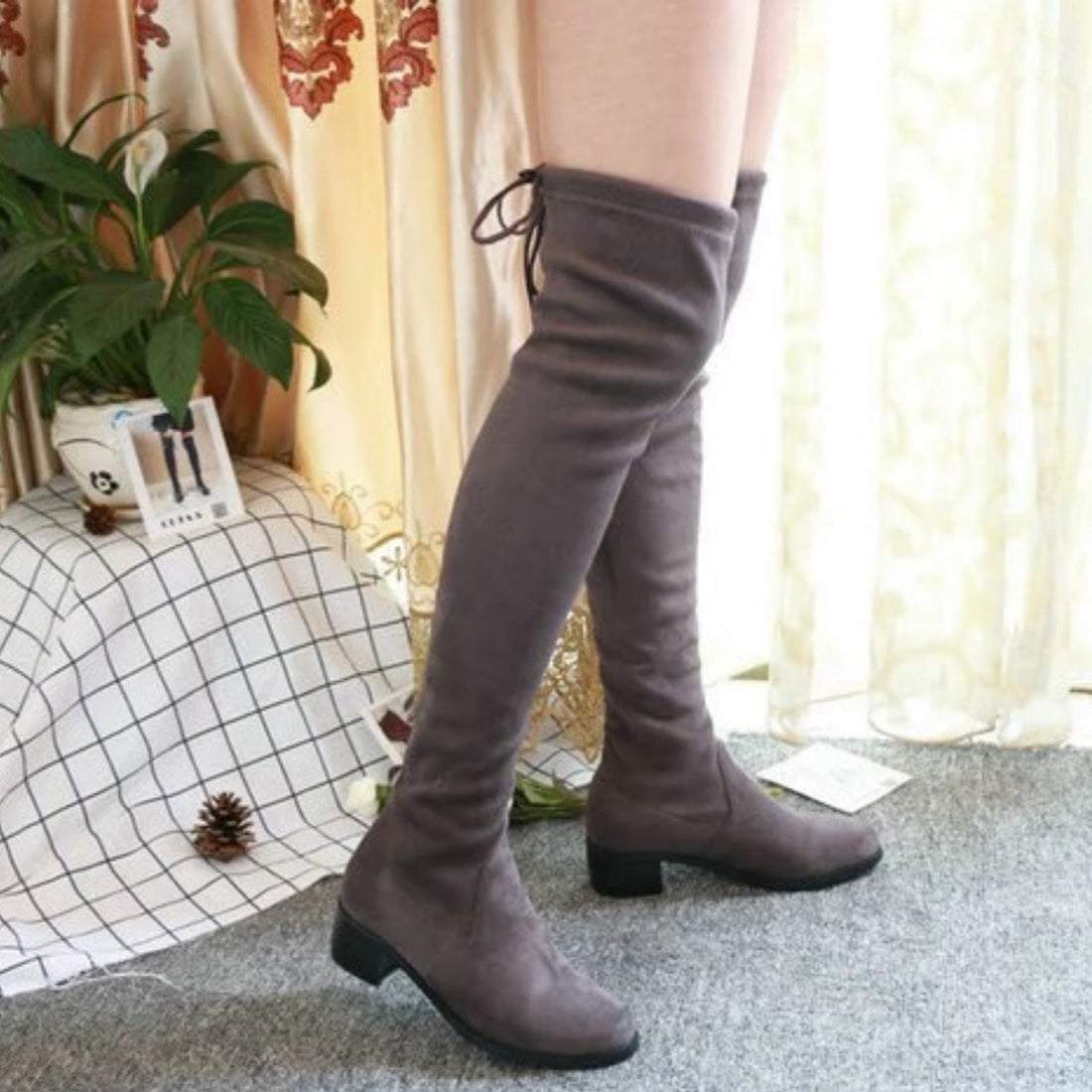 Women's Winter Fabric Lace-Up High Boots With Square Heels