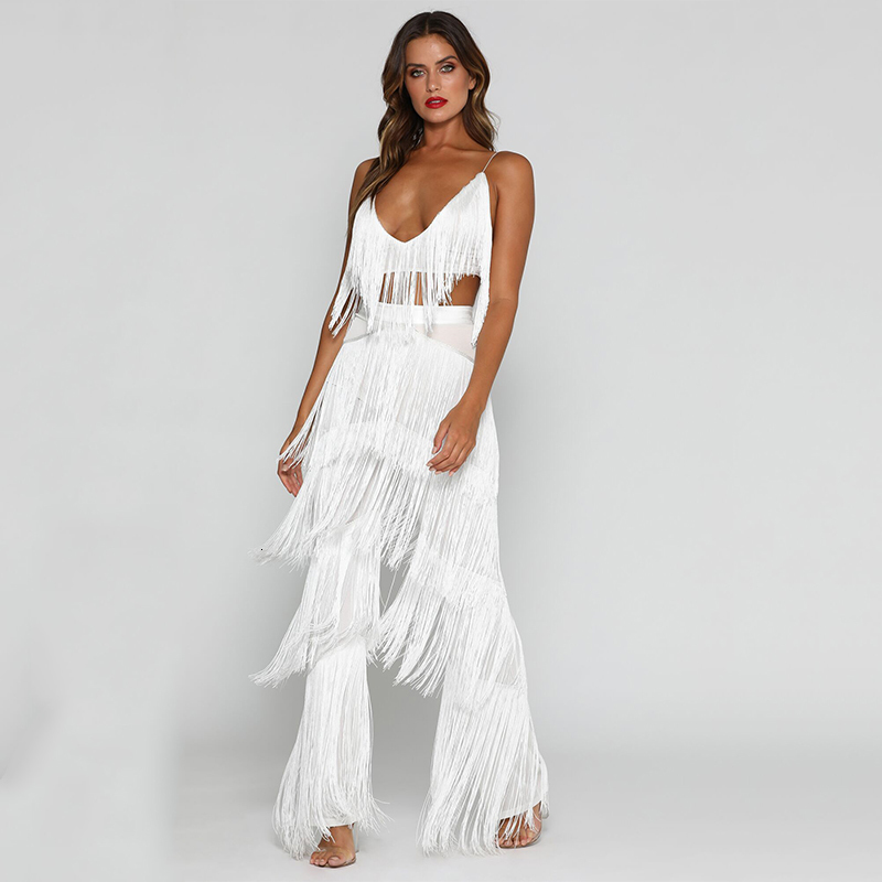 Women's Summer V-Neck Backless Two-Piece Jumpsuit With Tassels