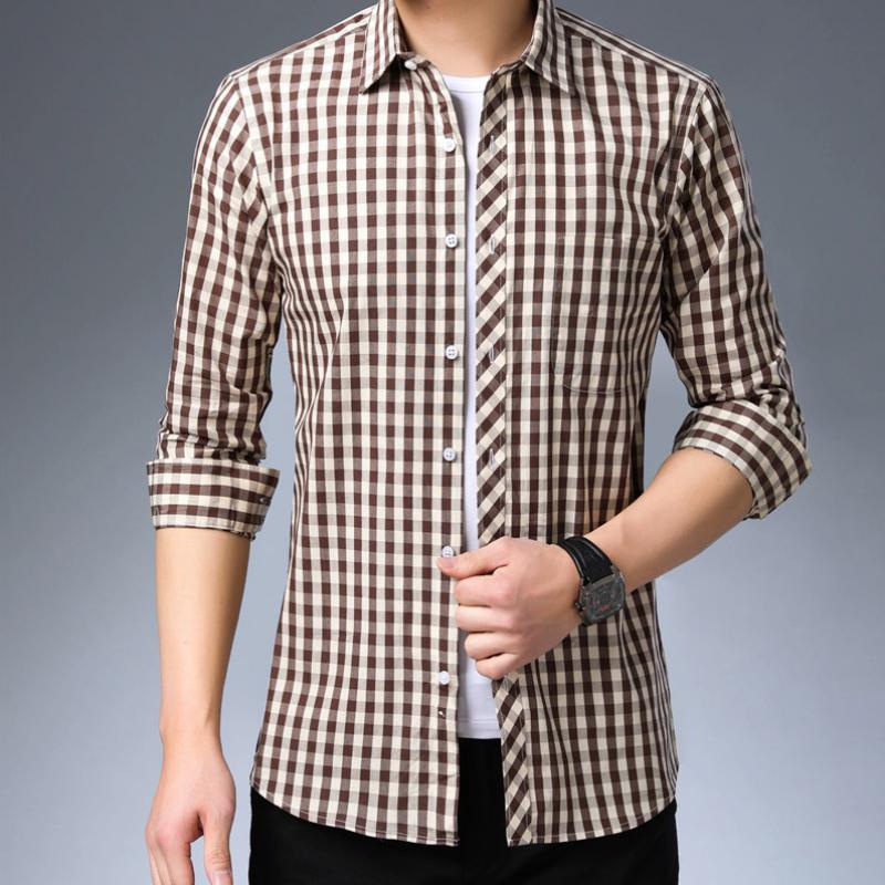 Men's Casual Cotton Plaid Long Sleeved Shirt