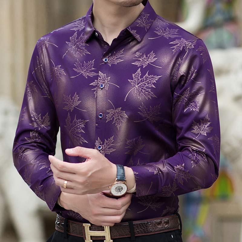 Men's Long Sleeved Shirt With Leaves Print