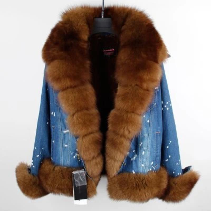 Women's Winter Casual Denim Thick Parka With Raccoon Fur