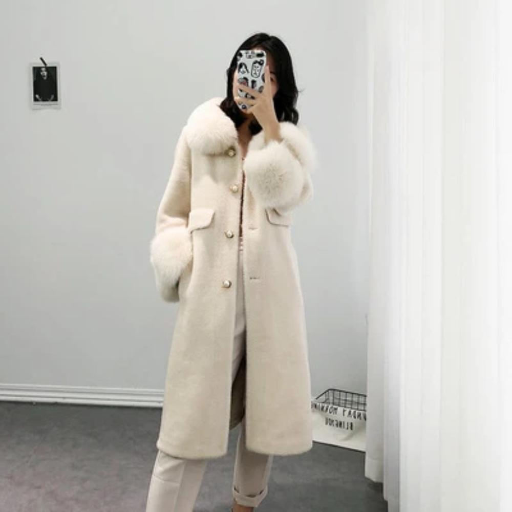 Women's Winter Casual Cashmere Long Trench With Fox Fur