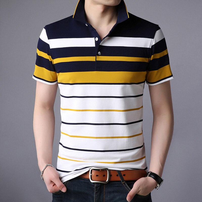 Men's Summer Casual Striped Cotton Short-Sleeved Polo T-Shirt